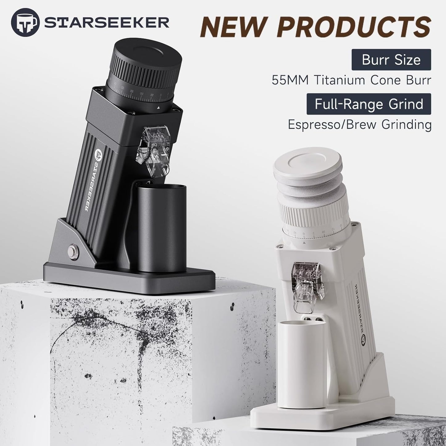 STARSEEKER E55 Pro Electric Coffee Grinder, 55mm Titanium Conical Burr - Professional Espresso Grinder with Stepless Adjustment & Anti-Static Tech, for Home, Office, Café Use