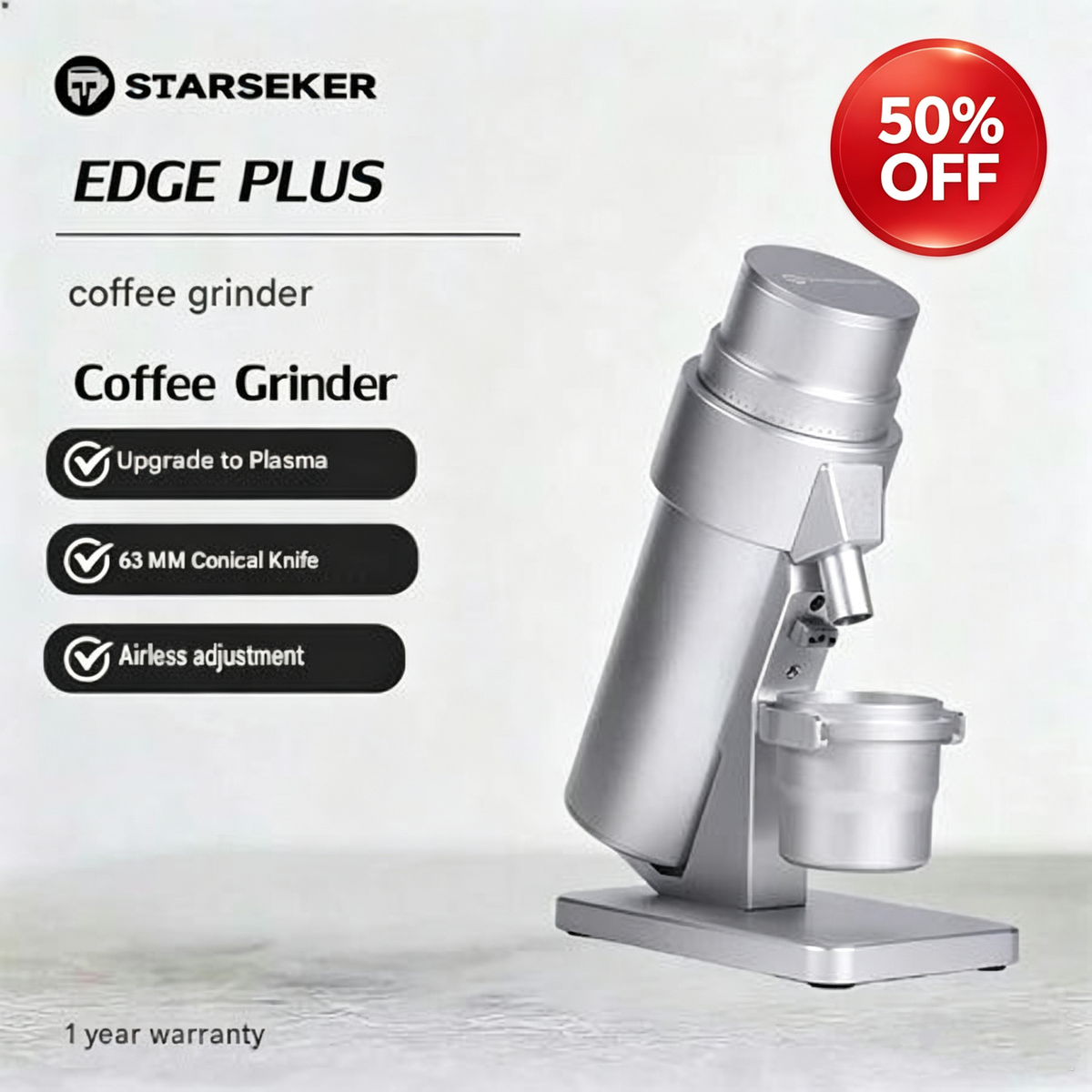 STARSEEKER EDGE Plus Electric Coffee Grinder,63MM Burr Coffee Grinder Hand Brew Coffee Bean Grinder Stepless Fineness Adjustment Removable Magnetic Suction Port