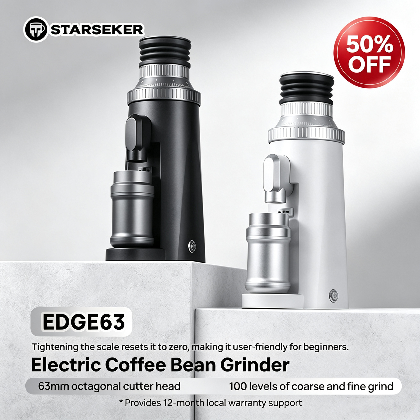 STARSEEKER EDGE63 Electric Coffee Grinder 63mm Cone Burr Espresso Brew Stepped fineness adjustment Bean Grinder Plasma Black
