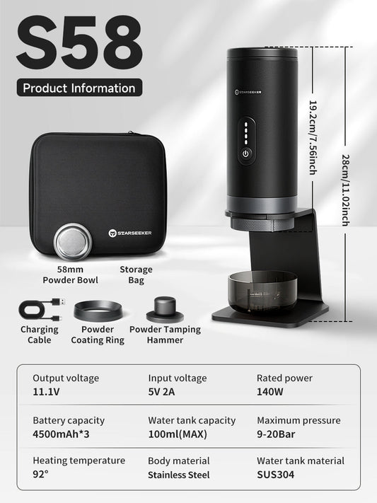 STARSEEKER S58 Portable Coffee Maker Travel Electric Capsule Espresso Machine With USB-C Wireless Heating Bottomless Extraction