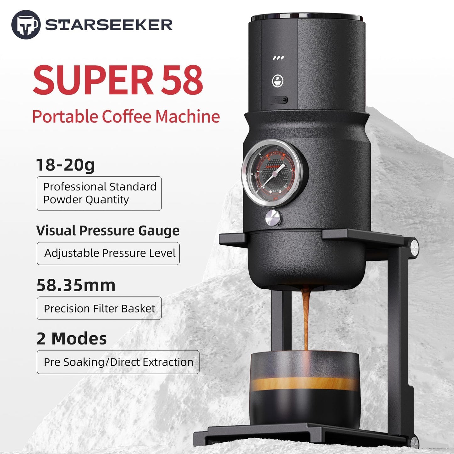 STARSEEKER Super58 Portable Espresso Machine, 18-20g Adjustable Pressure, USB-C Car Coffee Maker for Camping, RV, Hiking & Office