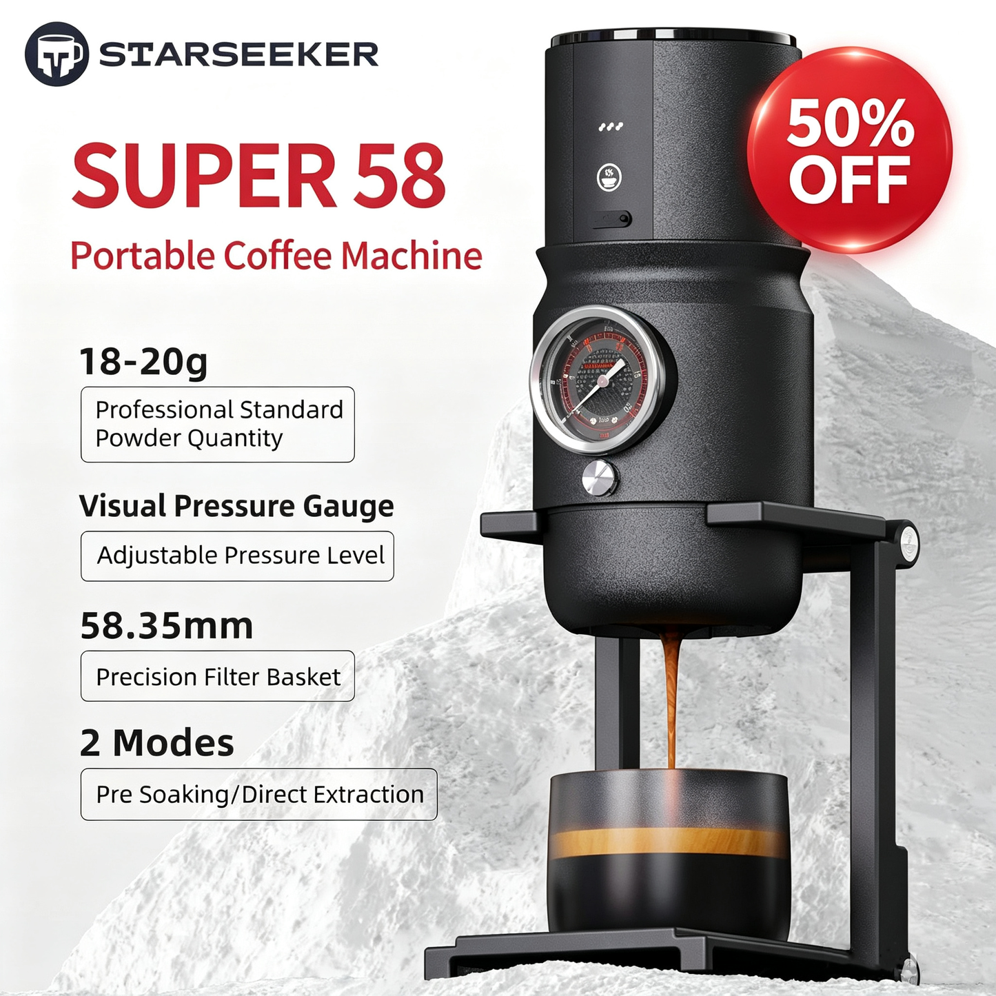 STARSEEKER Super58 Portable Espresso Machine, 18-20g Adjustable Pressure, USB-C Car Coffee Maker for Camping, RV, Hiking & Office